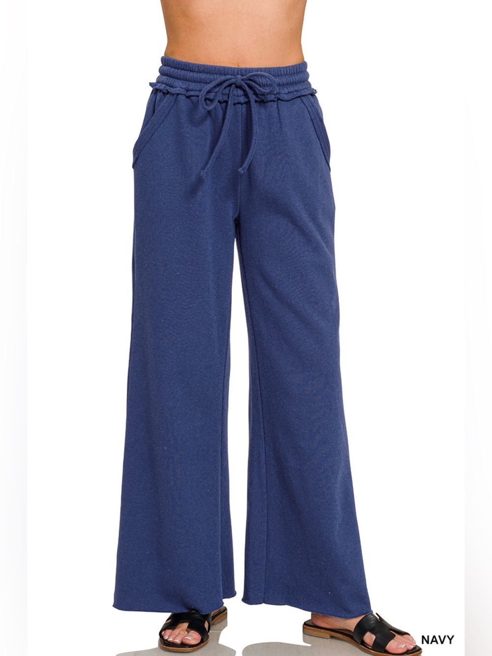 Zenana Navy Fleece Exposed Seam Wide Leg Sweatpants